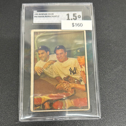 1953 Bowman Color Hank Bauer Yogi Berra & Mickey Mantle SGC 1.5