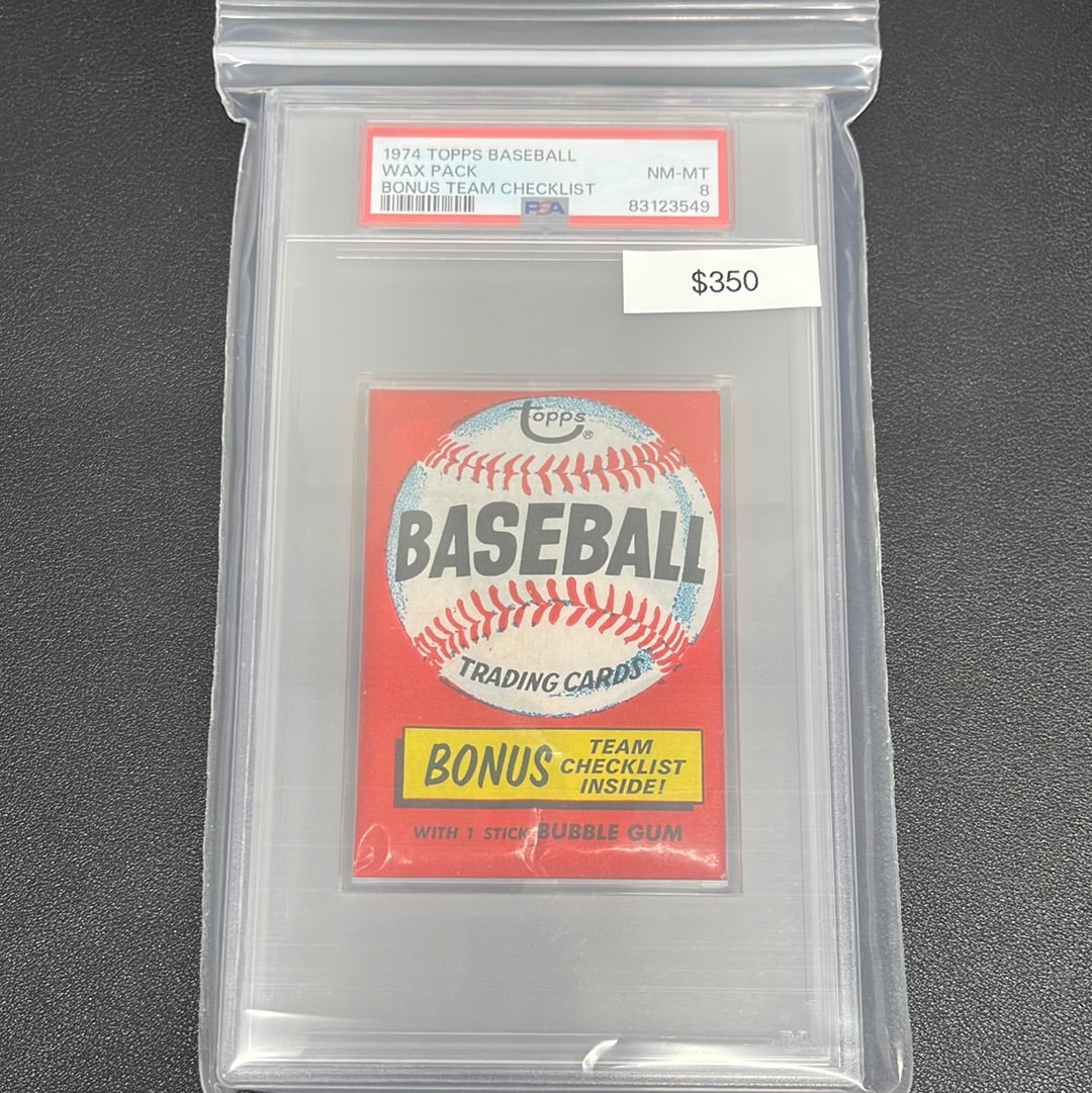 1974 MLB Topps Baseball Wax Pack Bonus Team Checklist PSA 8