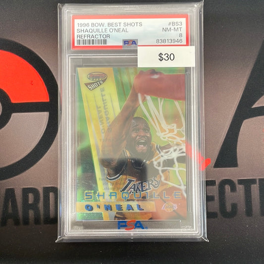 1996 NBA Shaquille O’Neal Bowman’s Best Shots Refractor PSA 8