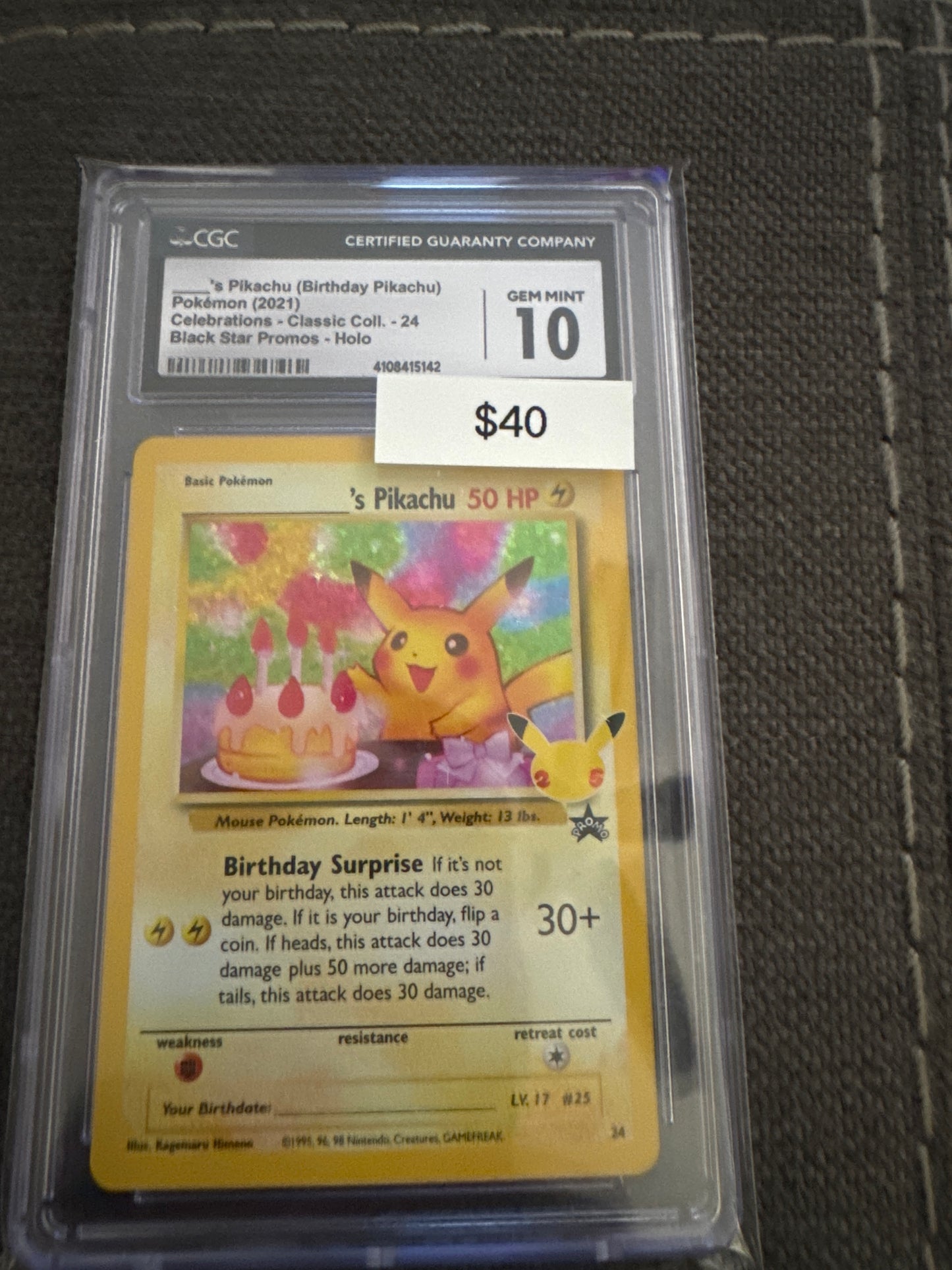 Pokemon _____’s Pikachu  birthday Pikachu celebrations 24 CGC 10