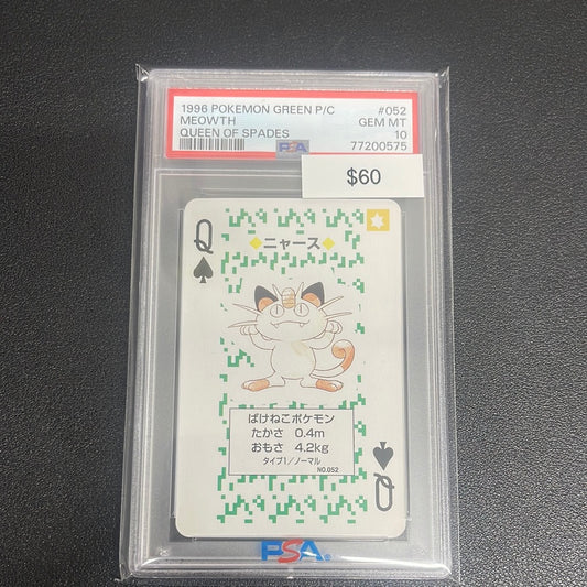 1996 Pokémon Japanese Green Meowth Queen Of Spades No. 052 PSA 10